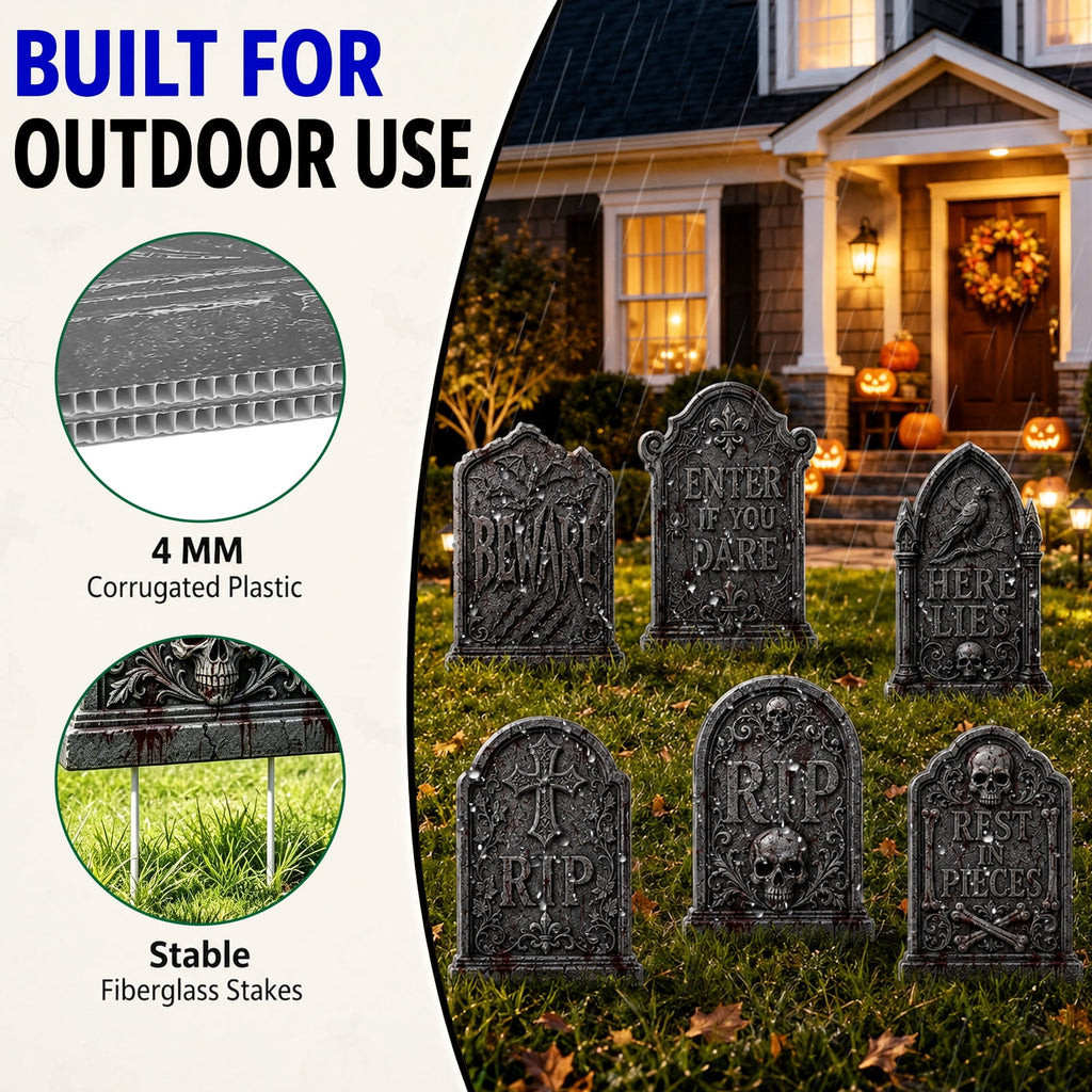Yalumo Halloween Tombstones Decor, 6 Pack 17 Inch Plastic Halloween Gravestone Yard Signs with Stakes, Spooky Tombstones for Yard, Lawn, Porch & Outdoor Party Decor