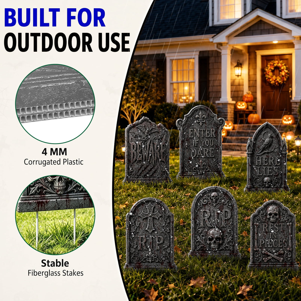 Yalumo Halloween Tombstones Decor, 6 Pack 17 Inch Plastic Halloween Gravestone Yard Signs with Stakes, Spooky Tombstones for Yard, Lawn, Porch & Outdoor Party Decor