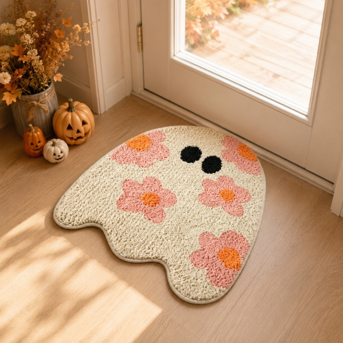 Pinks Ghost Doormat with Floral Patterns Irregular Halloween Cute Rug Non Slipes for Front Porch Indoor Outdoor, 15.74x23.62in