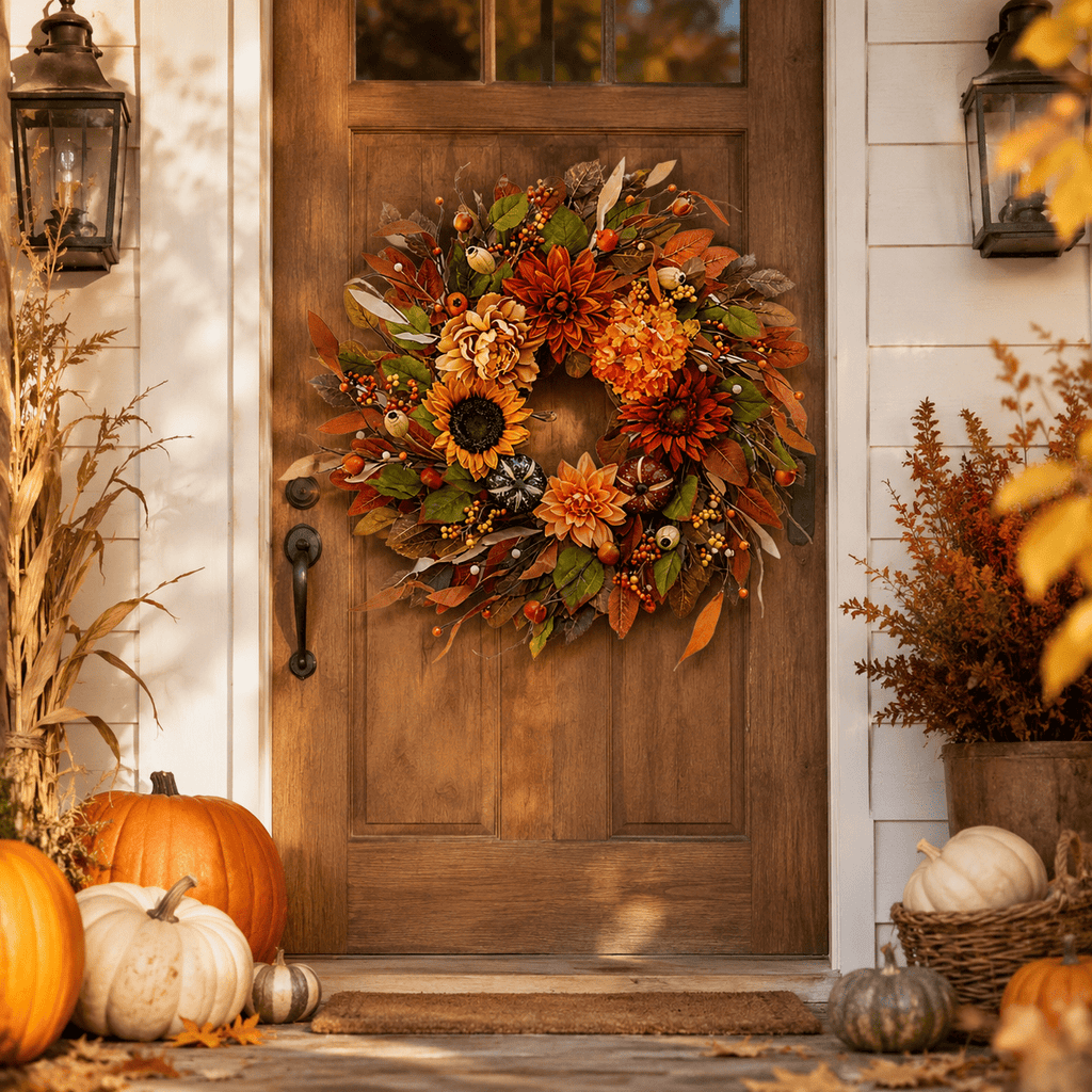 Clearance Fall Sunflower Pumpkin Wreath, 17.72 Inch Artificial Autumn Berry Door Wreath, Thanksgiving Halloween Hanging Decor for Front Porch Wall Door