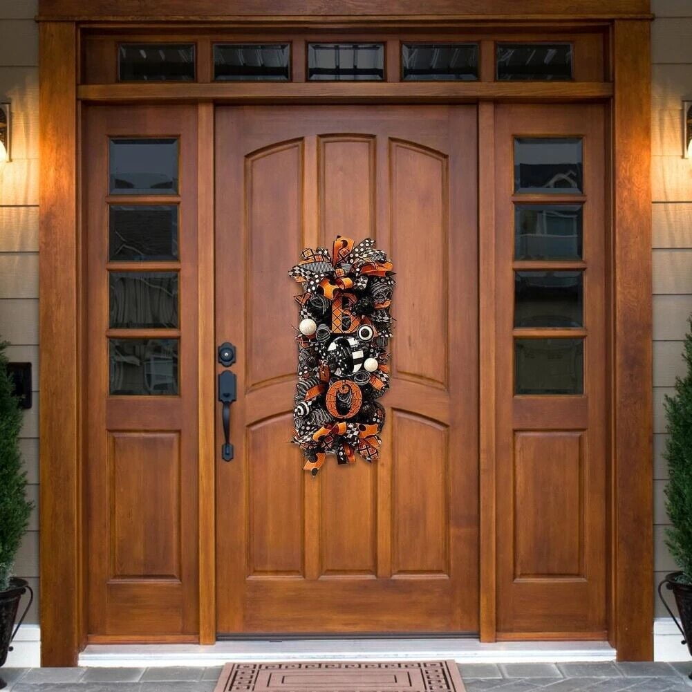 YouLoveIt Boo Halloween Wreath Halloween Pumpkin Wreath for Front Door Halloween Wreath Hanging Welcome Wreath Sign Halloween Decorations Front Door Halloween Party Hanging