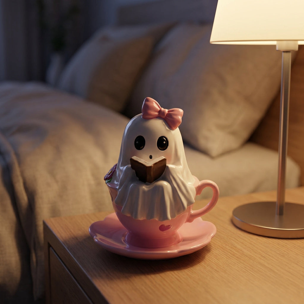 Halloween Ghost Figurine, Ghost Girl with Pink Bow & Hot Drink, Funny Ghost Statue Halloween Decor for Gift, Cute Spooky Tabletop Ornament for Home, Mantle, Desk & Party Decoration