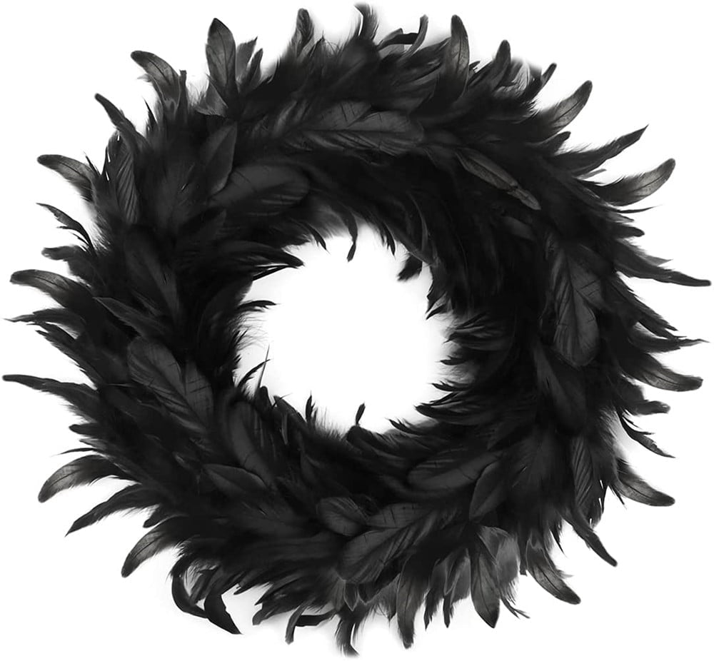 16" Black Feather Wreath Halloween Wreath Handmade Black Wreath for Front Door Porch Mantel Fireplace Window Wall Indoor Outdoor Halloween Christmas Winter Birthday Decoration
