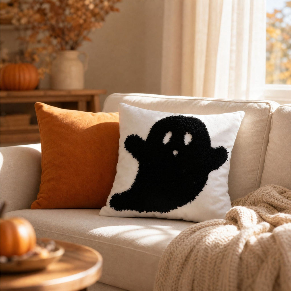 Cute Reading Ghost Plush Throw Pillow, Halloween Book & Pumpkin Bucket Ghost Stuffed Cushion, Spooky Season Decorative Pillow, for Sofa, Bedroom, Party Decor