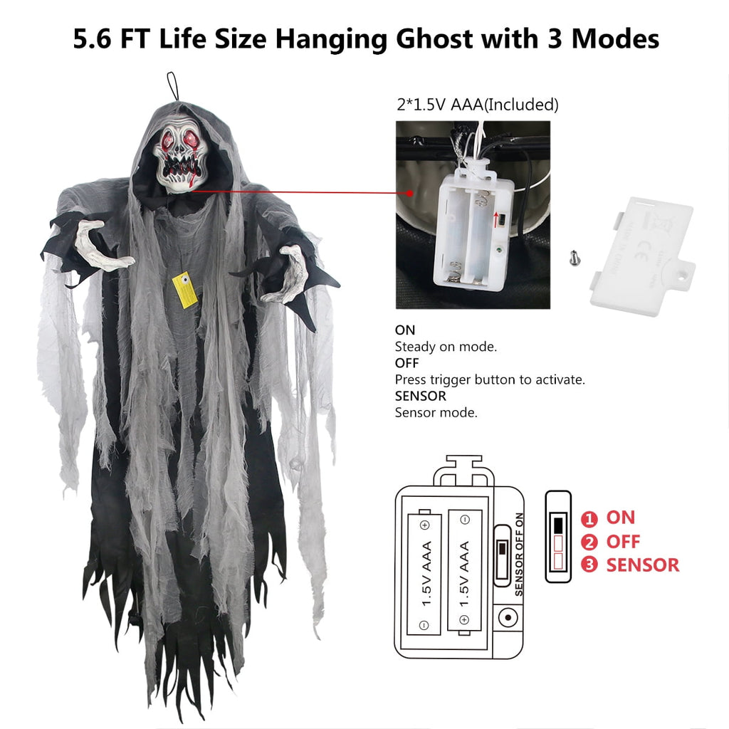 Gamexcel 5.7 ft Halloween Hanging Grim Reaper, Black Skeleton Ghost with Sensor-Activated LED Eyes and Sound, Indoor and Covered Outdoor Decor