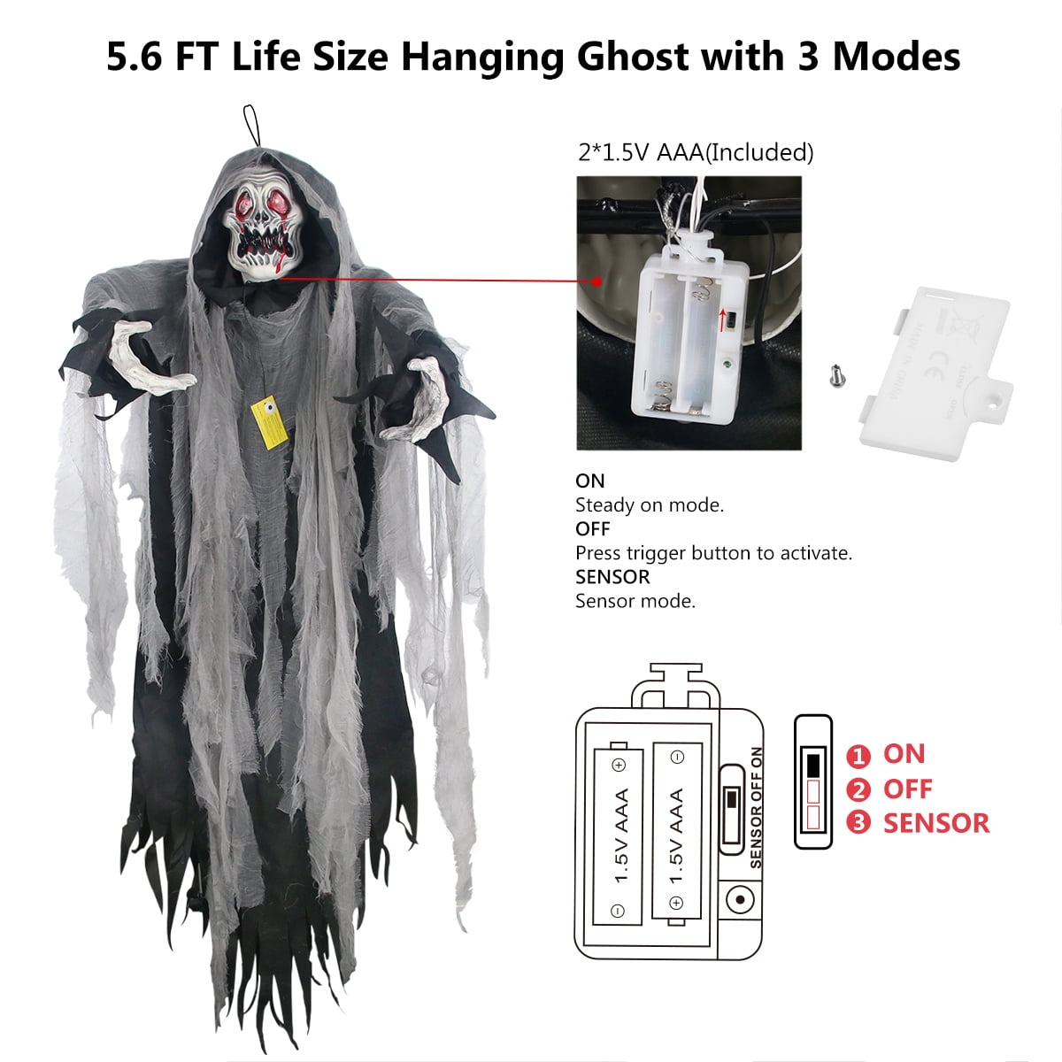 Gamexcel 5.7 ft Halloween Hanging Grim Reaper, Black Skeleton Ghost with Sensor-Activated LED Eyes and Sound, Indoor and Covered Outdoor Decor