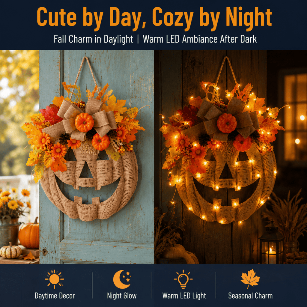 Lighted Burlap Pumpkin Wreath with Remote Control 🎃✨ Cozy Fall Door Decor with 8 Light Modes & Warm LED Glow Halloween Decor