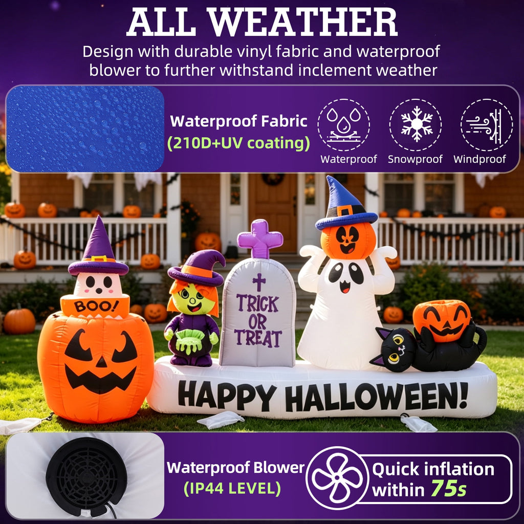 BSHAPPLUS® 9ft Halloween Inflatable Decorations,Blow up Yard Decor with Auto-Scaling Ghost in Pumpkin, Witch, Tombstone,Black Cat,Built-in LED,IP44 Waterproof for Outdoor Lawn Garden Party