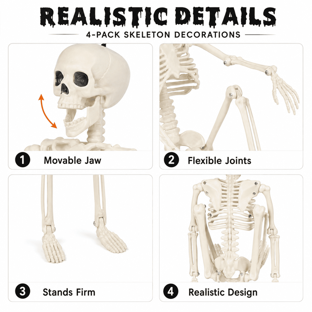LOMYOLO 4 Pack Halloween Skeleton Decorations, 16 Inch Posable Hanging Skeletons with Movable Joints for Halloween Party, Haunted House, Graveyard, Yard, Porch, Indoor Outdoor Holiday Decorations