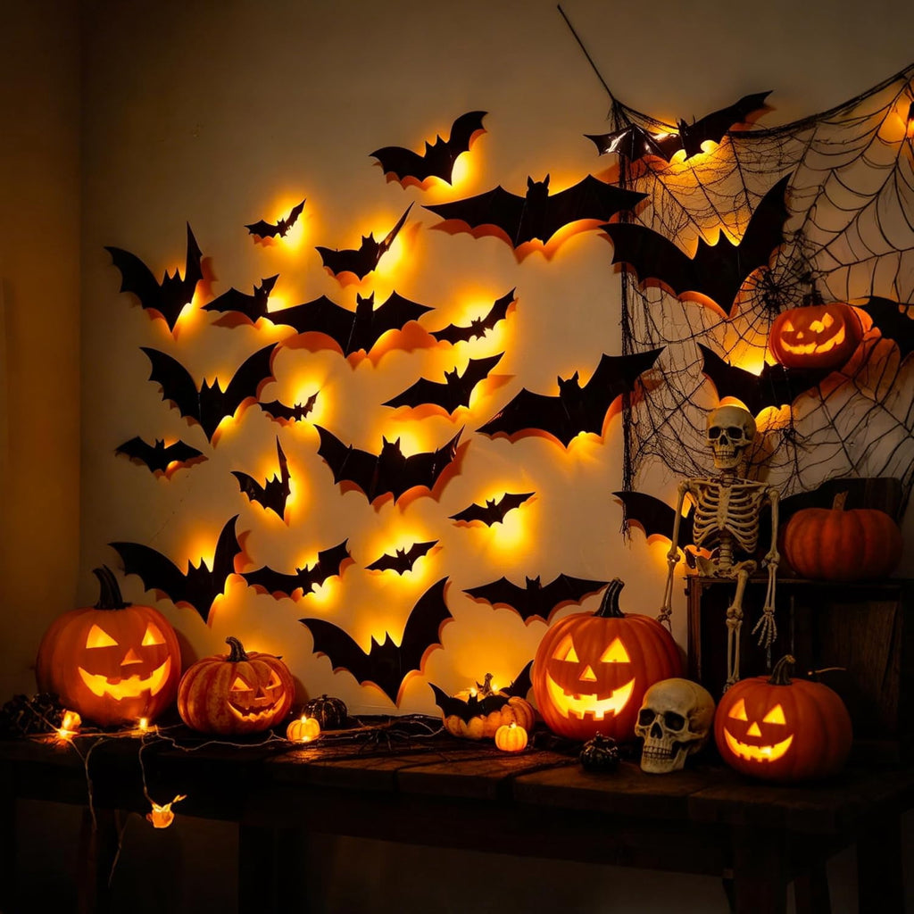 CQHVKQ 36 PCS Halloween Bats Decorations, Realistic 3D LED Bats Wall Stickers Decor, Assorted Size Removable Lighted PVC Bats DIY Wall Sticker for Halloween Party, Bedroom, Home, Indoor and Outdoor