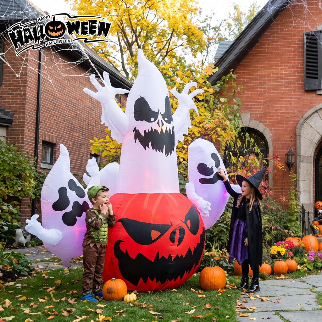 6FT Halloween Inflatable Ghost Pumpkin Decorations with LED Lights, 3 Ghosts Inflatable Yard Decorations for Outdoor Lawn Garden Porch Indoor Party Decorations