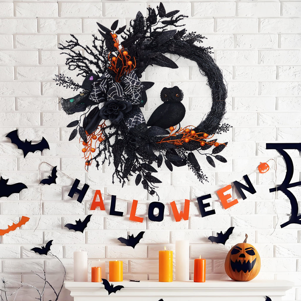 Festisoul 20'' Halloween Wreath for Front Door, Halloween Owl Wreath with Natural Vines and Artificial Roses, Spooky Halloween Props Decoration for Fireplace