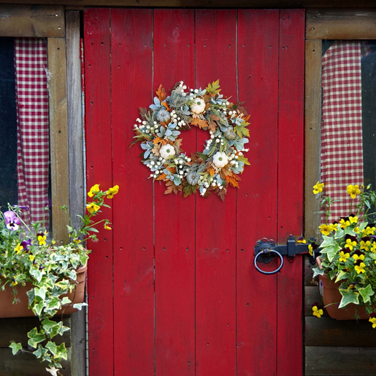geerera Fall Decor, Thanksgiving Wreath, Frosted Leaf Pumpkin Berry Wreath for Thanksgiving Halloween Farmhouse Harvest Front Door Outdoor Indoor Window Wall