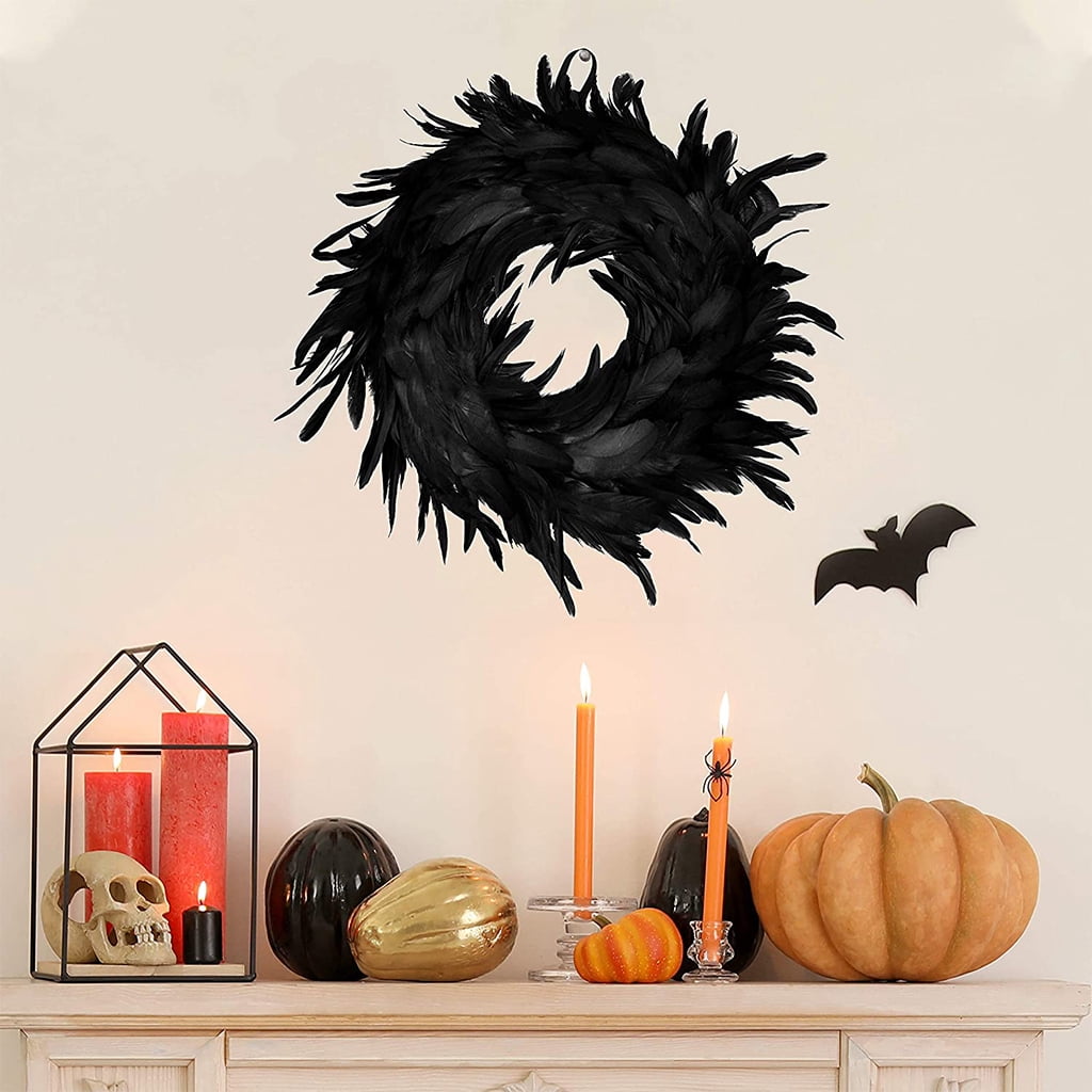 Milue 15.7in Natural Feathers Wreath Front Door Black Feather Wreath Spooky Scene Party Favors for Porch Halloween Decoration