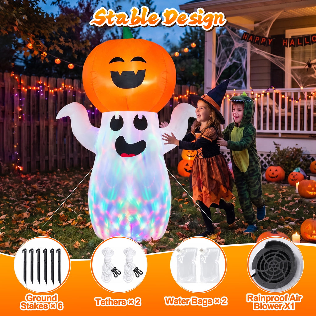 GVDV 5Ft Halloween Inflatables Pumpkin Ghost Decorations with 360° Rotating Colorful LED Lights, Halloween Blow Ups Indoor/Outdoor Decor for Party, Yard, Lawn