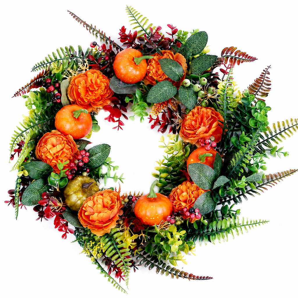17.71 Inch Autumn Wreath with Pumpkin Leaves and Berries for Halloween Thanksgiving