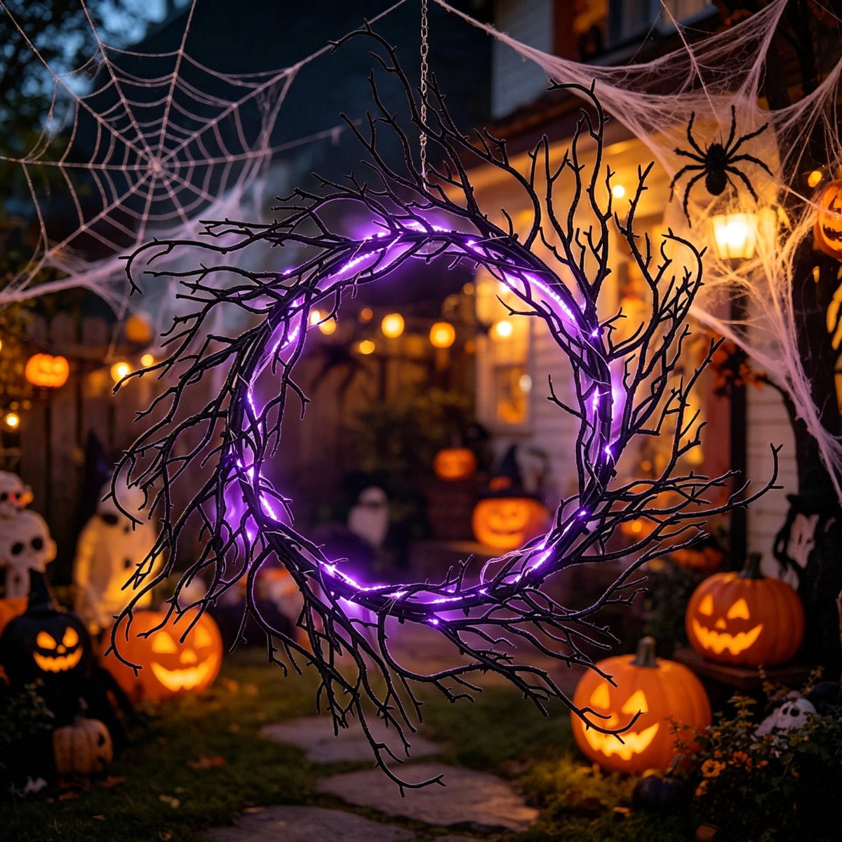 17" Halloween Wreaths for Front Door,Black Bats and Purple Spider Wreath,Spooky Gothic Outdoor Halloween Decoration For Halloween Party,Outdoor/Indoor Porch,Home Holiday Decor