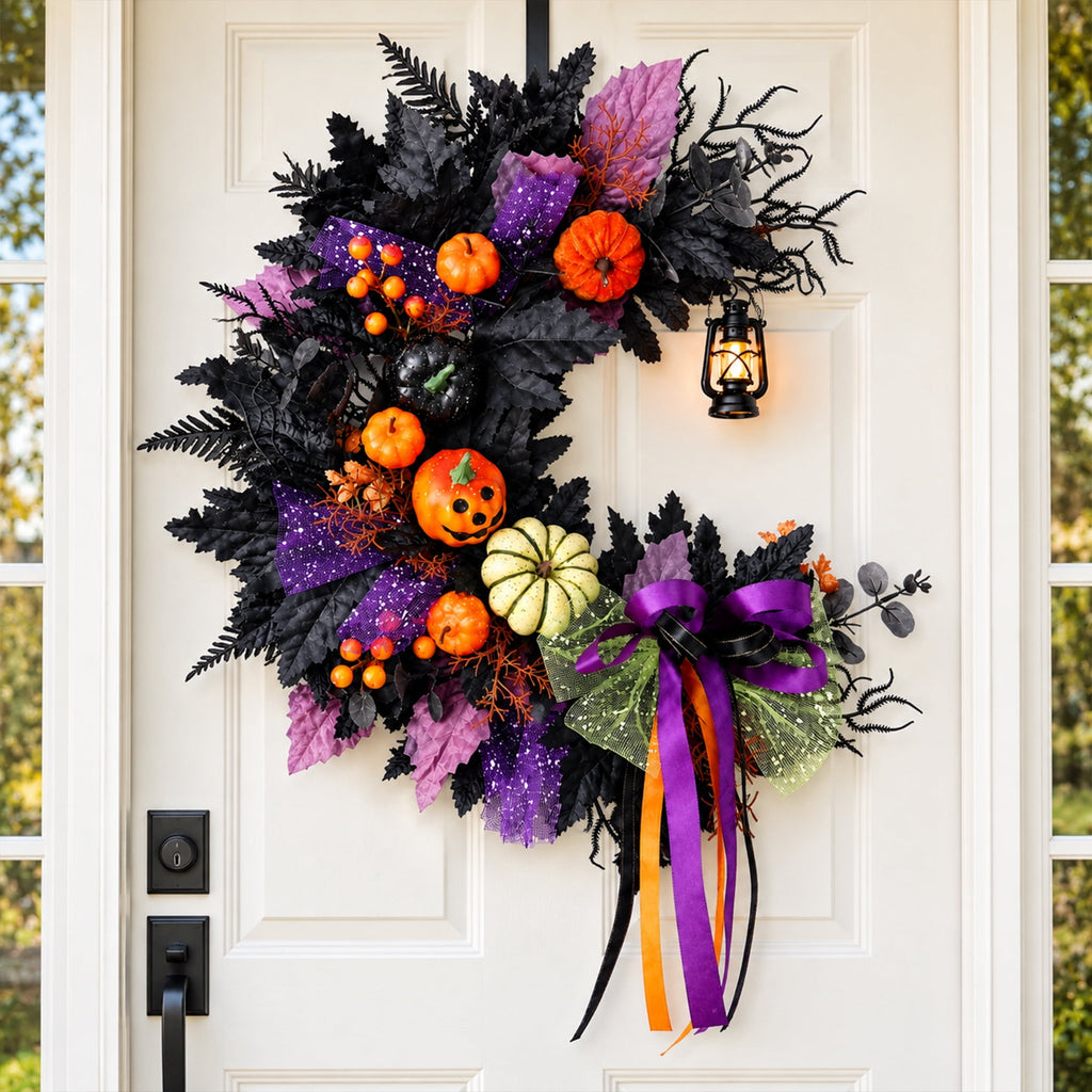 Halloween Wreath for Front Door, Crescent Wreath Moon, Black Gothic Spooky Outdoor Décor