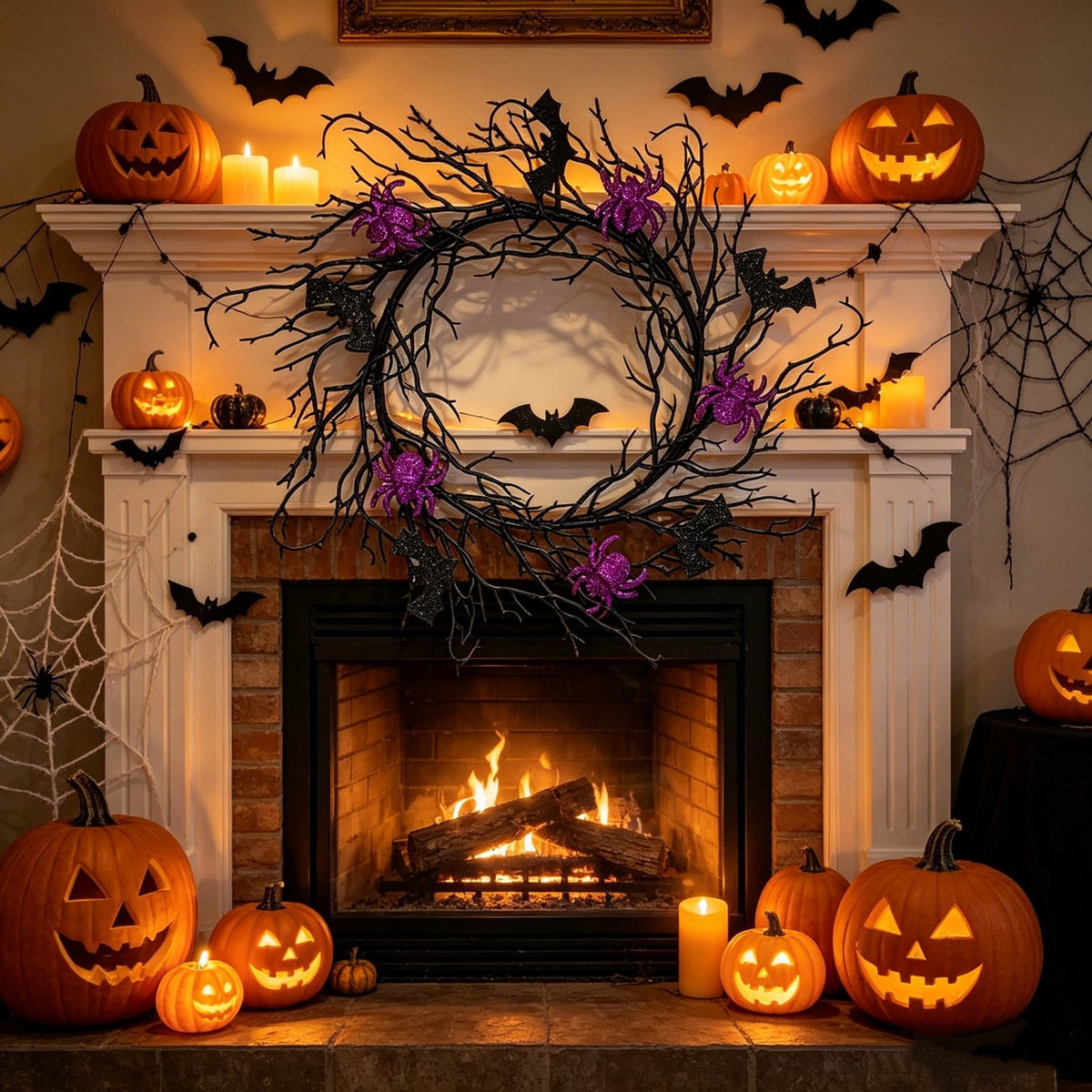 17" Halloween Wreaths for Front Door,Black Bats and Purple Spider Wreath,Spooky Gothic Outdoor Halloween Decoration For Halloween Party,Outdoor/Indoor Porch,Home Holiday Decor