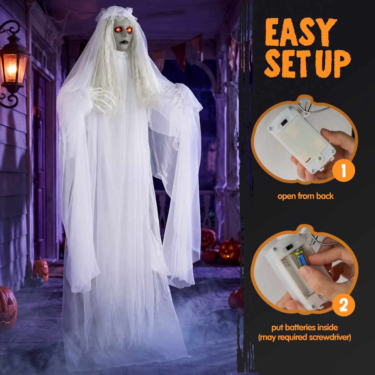 Joyfy Halloween Decorations Outdoor, 72"(6ft) Light Up Animated Scary Decorations Pumpkin Ghost with Sound Activation,Animatronics Pumpkin Decorations for Haunted House Prop Yard Decor