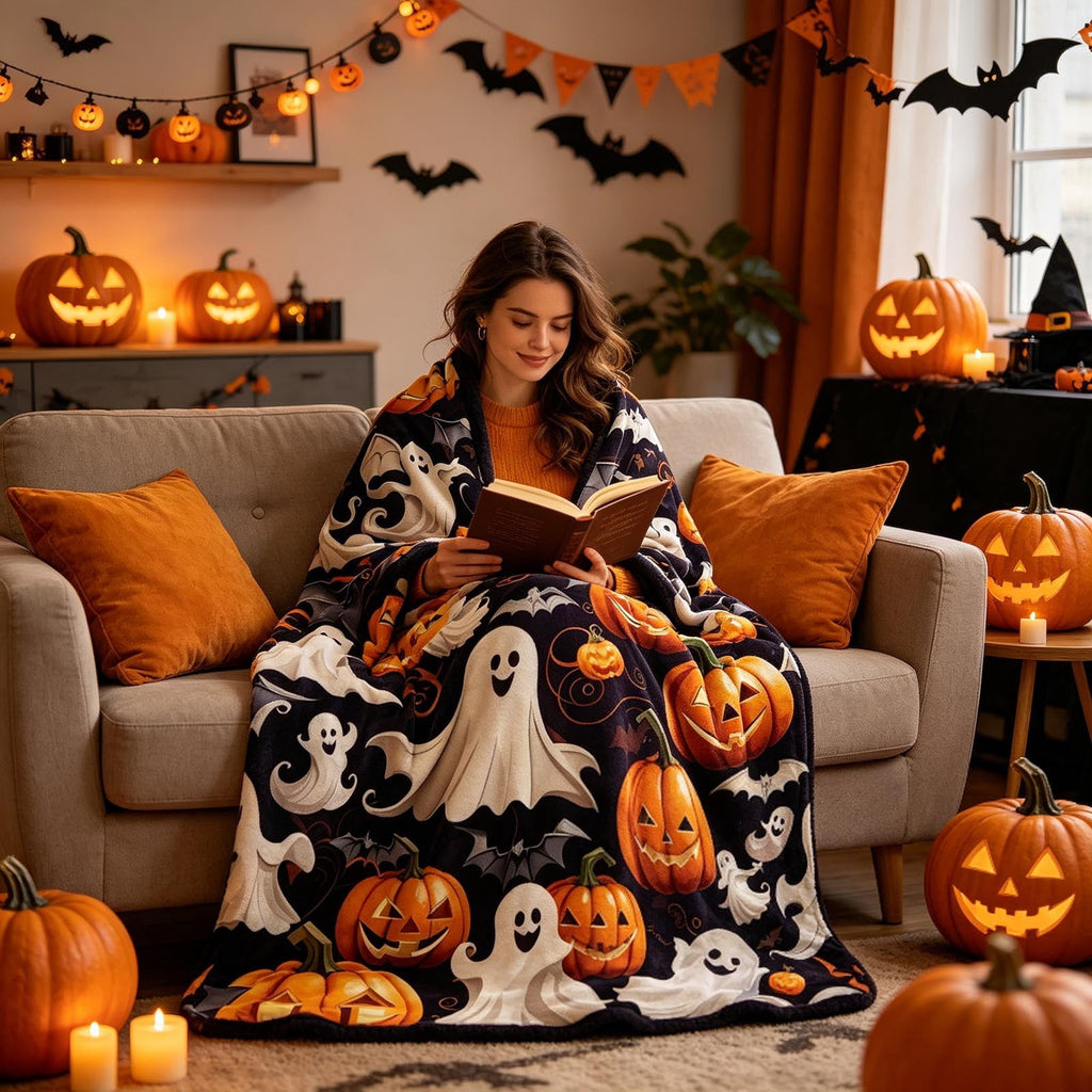 Halloween blanket,Halloween Print Throw Blanket Flannel Soft Cozy Decorative Nap Blanket with Ghost Pumpkin Skull for Office Bedroom Sofa Camping Travel(100x150cm/39x59 Inch),Black