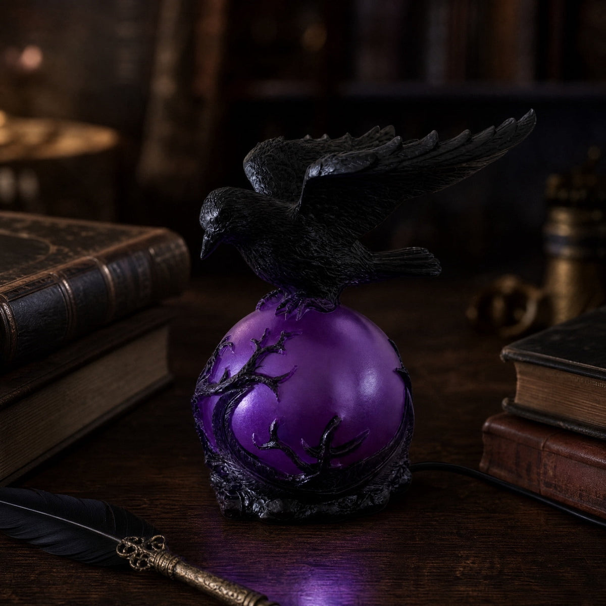 Gothic Mysterious Raven Lamp Light Sculpture, Resin Halloween Moonlight Luminous Crow Bird Led for Home Decor Gift, Bedroom Bedside, Living Room