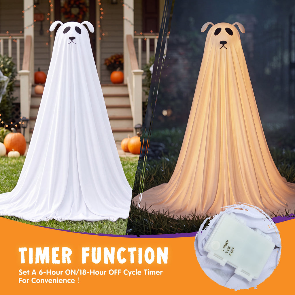 Joyfy 47"Cute Ghost Dog Halloween Decoration Outdoor, Reusable Spooky Standing Dog with Stakes, Soft White Light LED & 6 Hours ON + 18 Hours OFF Timer, Adorable Halloween Decor for Front Porch Yard