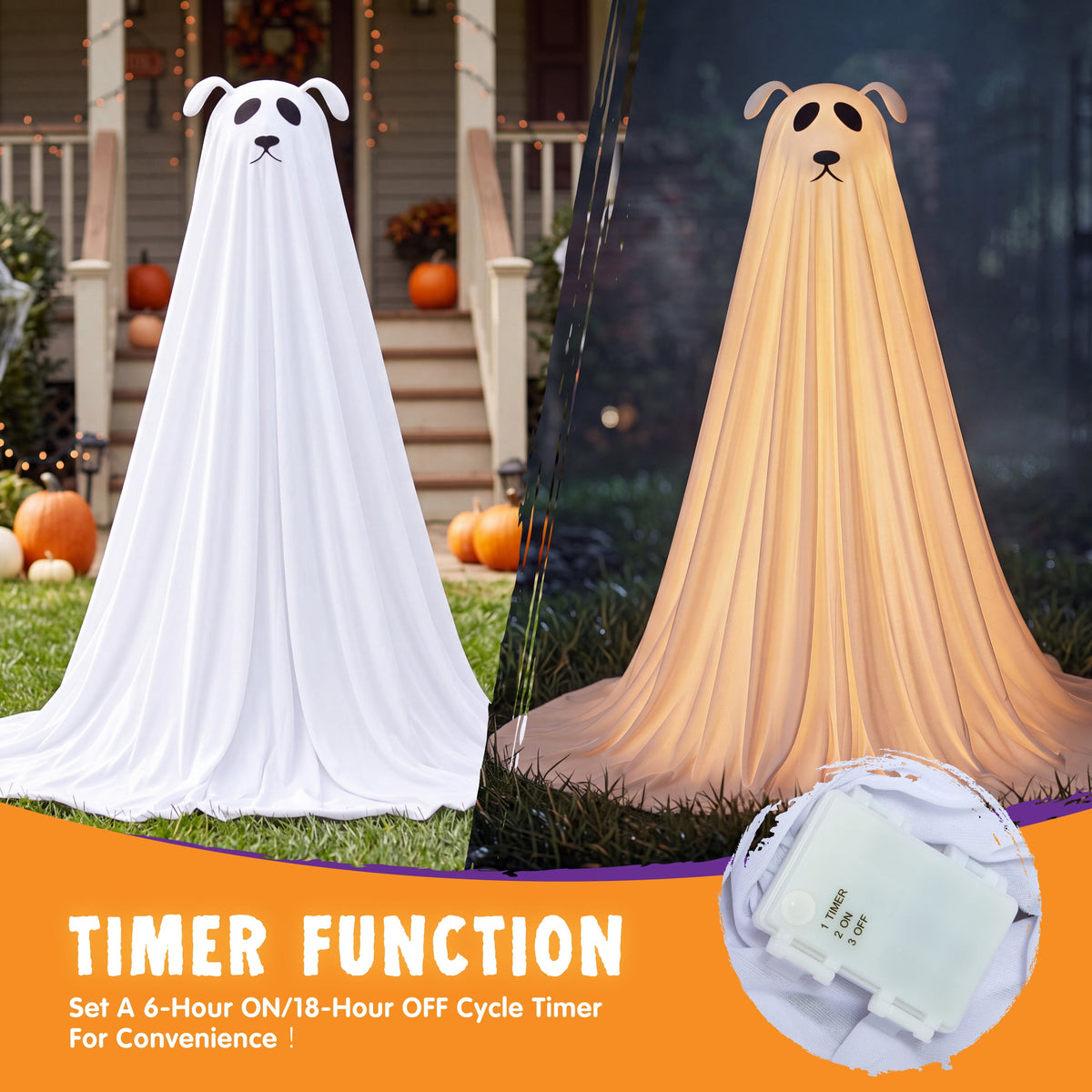 Joyfy 47"Cute Ghost Dog Halloween Decoration Outdoor, Reusable Spooky Standing Dog with Stakes, Soft White Light LED & 6 Hours ON + 18 Hours OFF Timer, Adorable Halloween Decor for Front Porch Yard