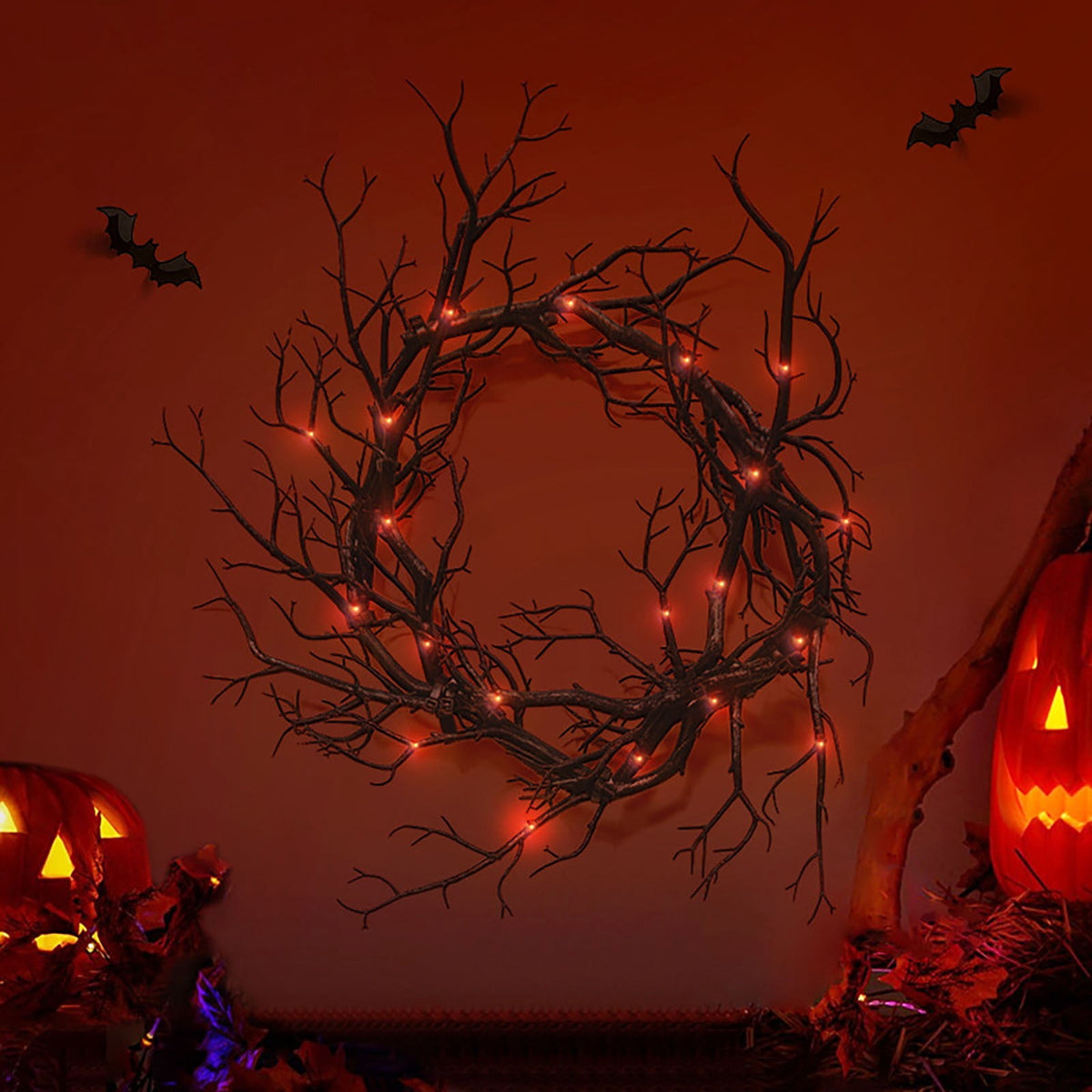 ZTTD Halloween Black Branch Wreath Signs for Front Door with Red Lights,Handcrafted Halloween Horror Wreath for Indoor Outdoor Party Window Wall Decor Farmhouse Garland Yard(Black Branch-Red Lights)