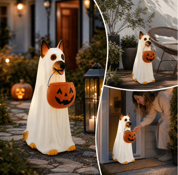 LED German Shepherd Blow Molded Halloween Statue, Light Up Ghost Dog Figure with Pumpkin Candy Bucket, Glowing German Shepherd Halloween Decoration for Outdoor Porch Yard Fall Spooky Season Home