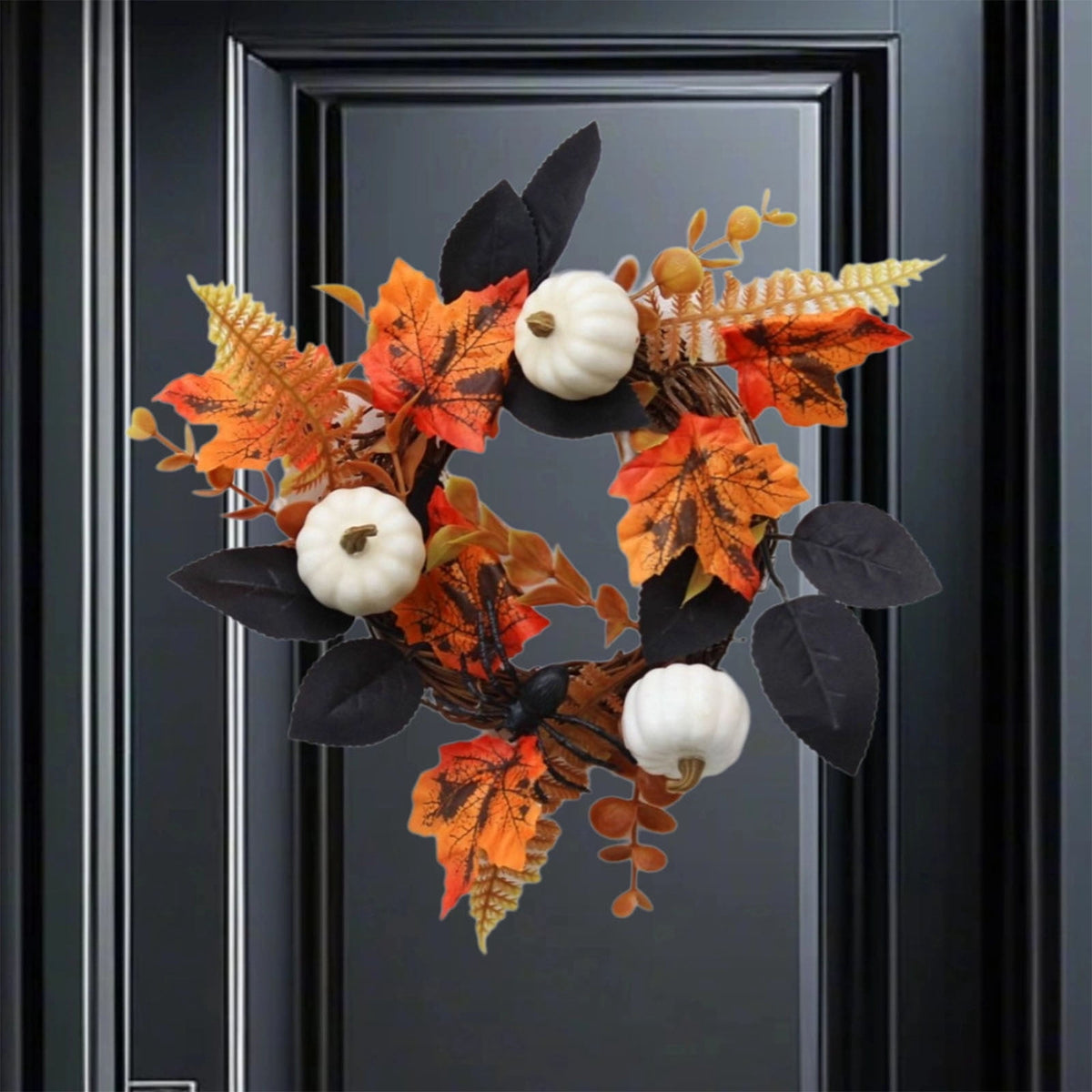 YIMWNYI Pumpkin Maple Leaf Decorative Wreath, Artificial Fall Wreath for Halloween, Thanksgiving, Harvest Festival Home Decor, Waterproof and Sunproof Autumn Wreath, Indoor and Outdoor Decoration
