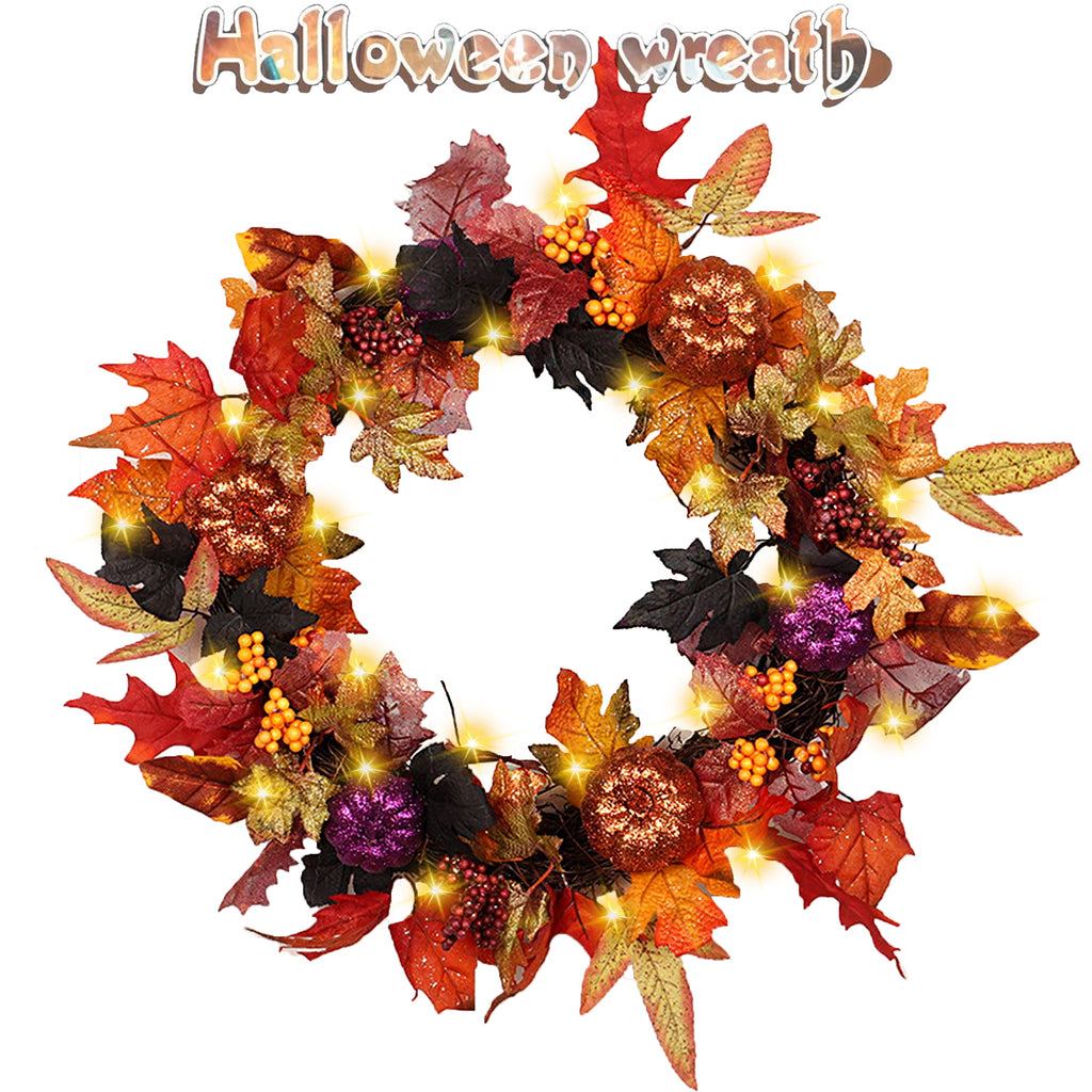 Autumn Wreaths for Front Door,18inch Artificial Fall Wreaths with Lights Pumpkin Pine Cones Berry Maple Leaves,Thanksgiving Halloween Harvest Festival Home Decoration for Indoor,Outdoor,Window,Garden