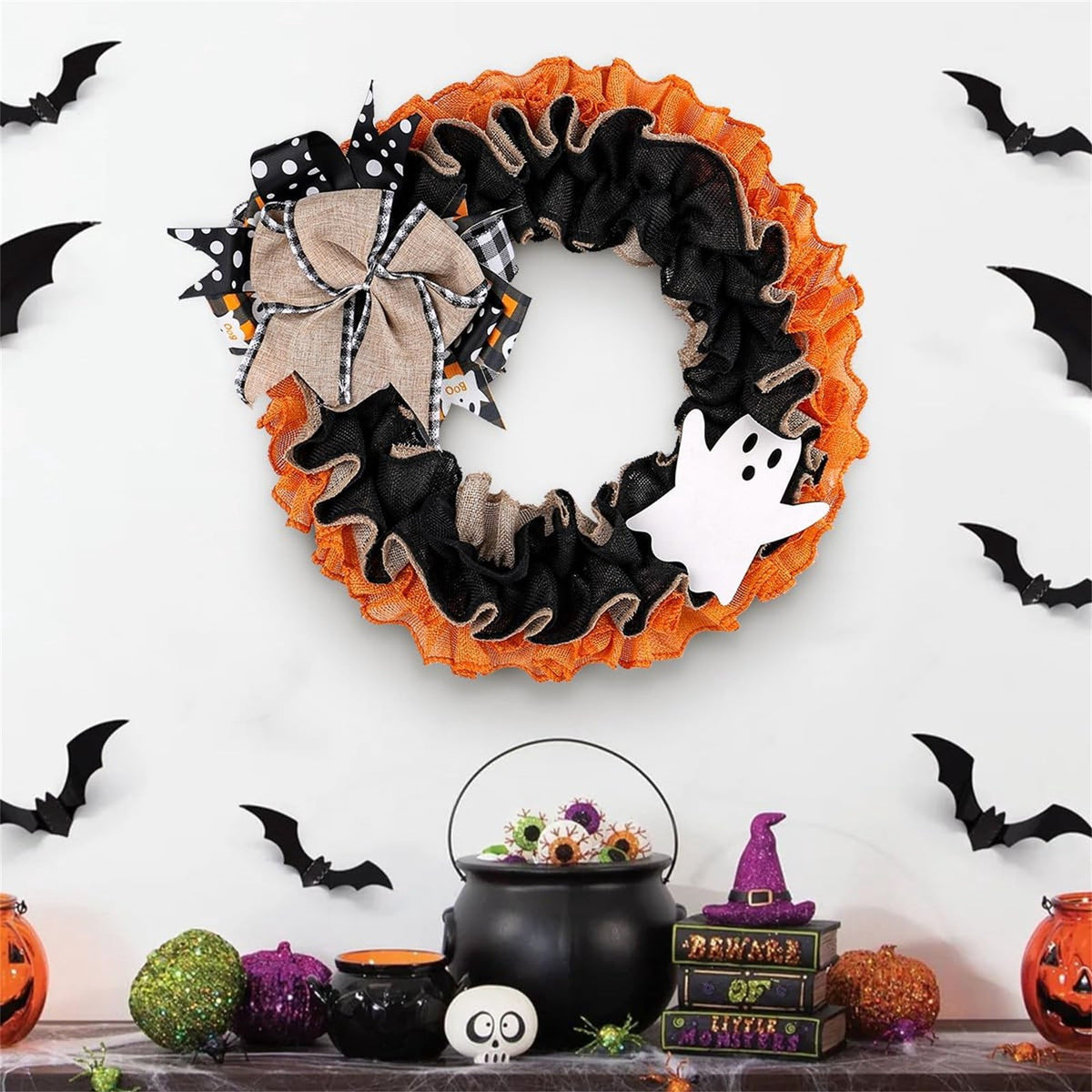 Halloween Ghost Burlap Wreath, Buffalo Plaid Ribbon Front Door Wreath, Spooky Ghost Hanging Garland for Home Porch Wall Fall Halloween Decor 38cm