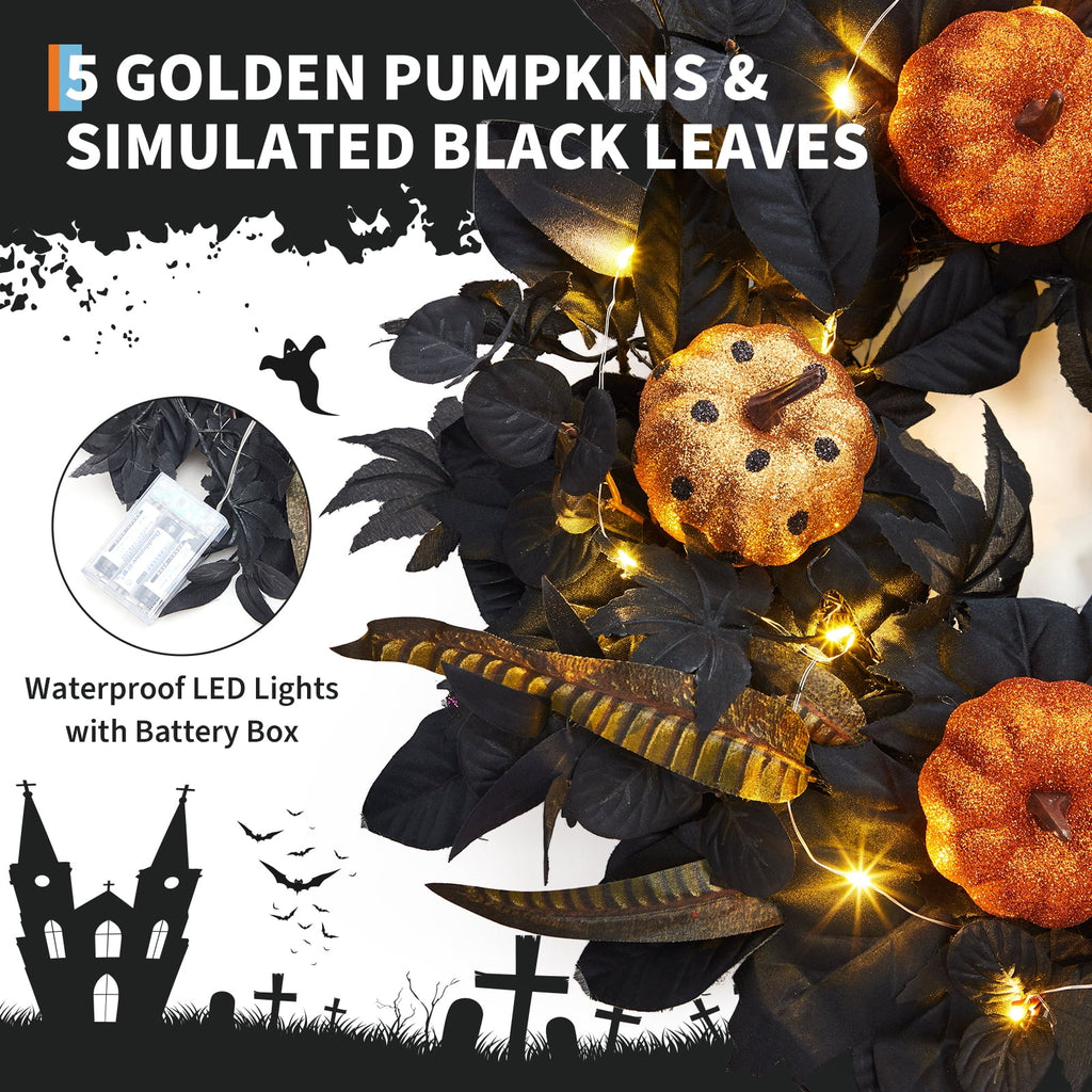 Festisoul Halloween Pumpkin Wreath for Front Door, 18'' Fall Wreath, Rattan Bottom Halloween Indoor Outdoor Decorations for Home, Party, Fireplace