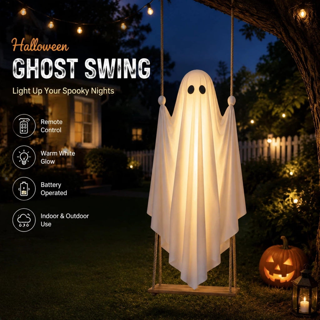 Light Up Swinging Ghost Outdoor Decor, 6.56FT Pre-Assembled LED Hanging Ghost on Swing with Remote Control, Halloween Decorations Outdoor for Porch Yard Tree