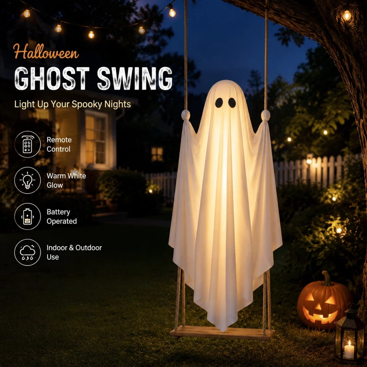Light Up Swinging Ghost Outdoor Decor, 6.56FT Pre-Assembled LED Hanging Ghost on Swing with Remote Control, Halloween Decorations Outdoor for Porch Yard Tree