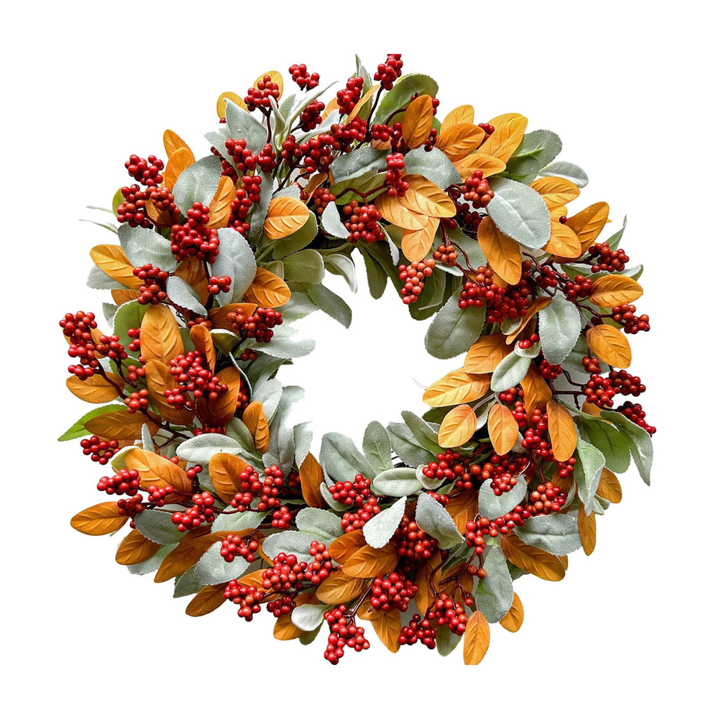 18 Inch Autumn Wreath for Front Door with Lamb Ear Leaves and Red Berries Artificial Fall Decor for Thanksgiving Halloween Harvest Festival Farmhouse Home Outdoor Indoor Window Wall Decorations