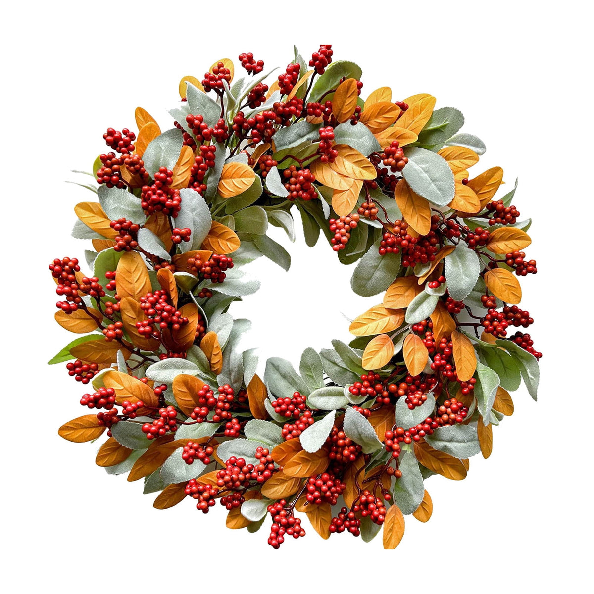 18 Inch Autumn Wreath for Front Door with Lamb Ear Leaves and Red Berries Artificial Fall Decor for Thanksgiving Halloween Harvest Festival Farmhouse Home Outdoor Indoor Window Wall Decorations