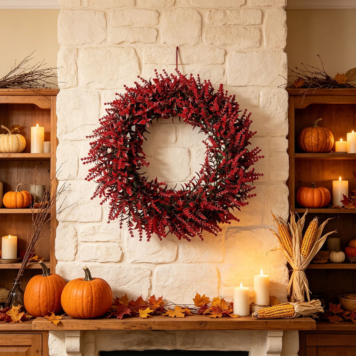 18 Inch Fall Wreath for Front Door, Artificial Red Wheat Wreath with Berries and Leaves, Thanksgiving Halloween Decor for Porch Wall Mantel