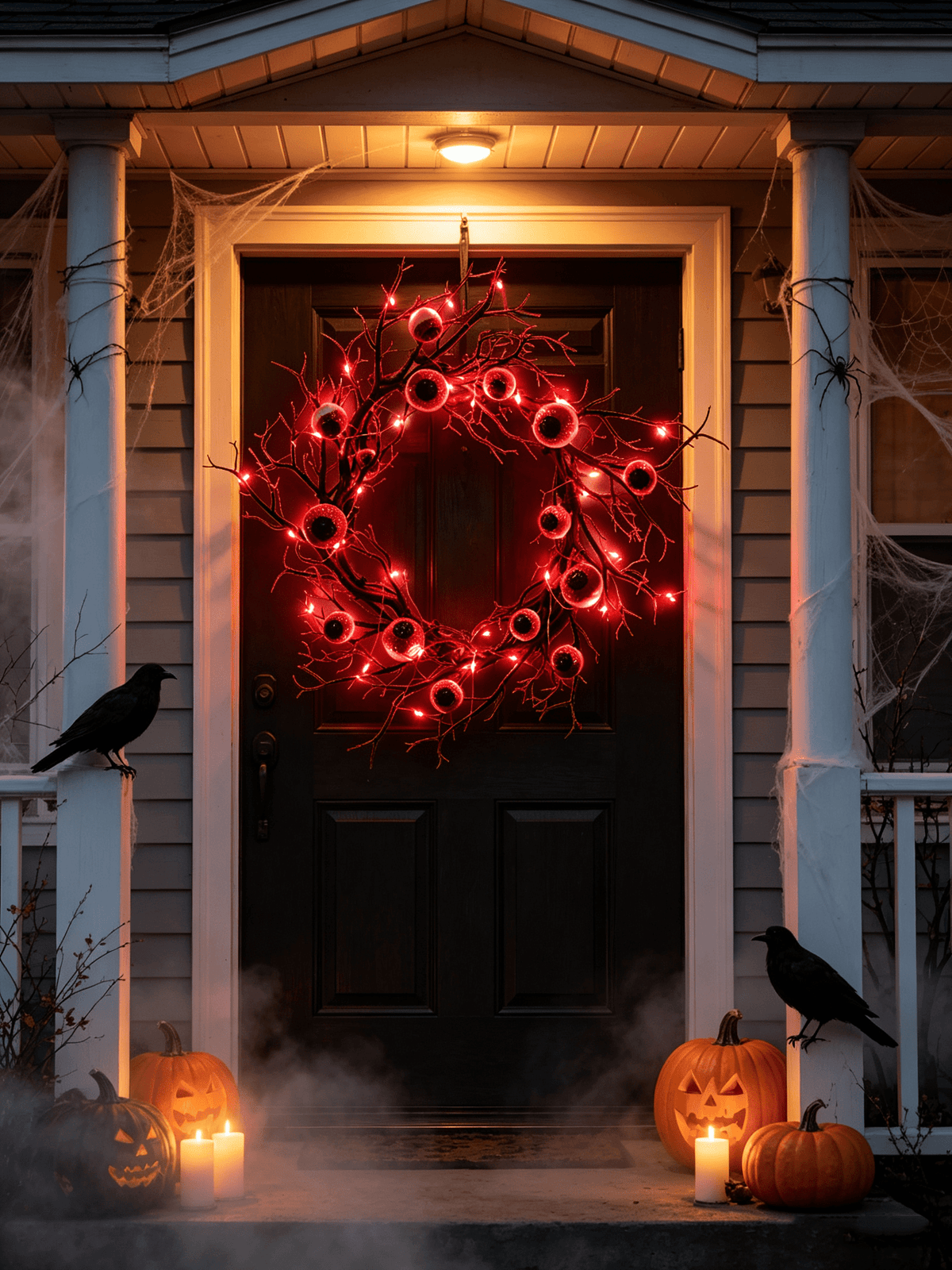 18 inch Halloween Wreaths for Front Door Simulated Eyeballs Wreath with Red Led Light, Outdoor/Indoor Spooky Decorations, For Halloween Party, Porch, Home Holiday Decor