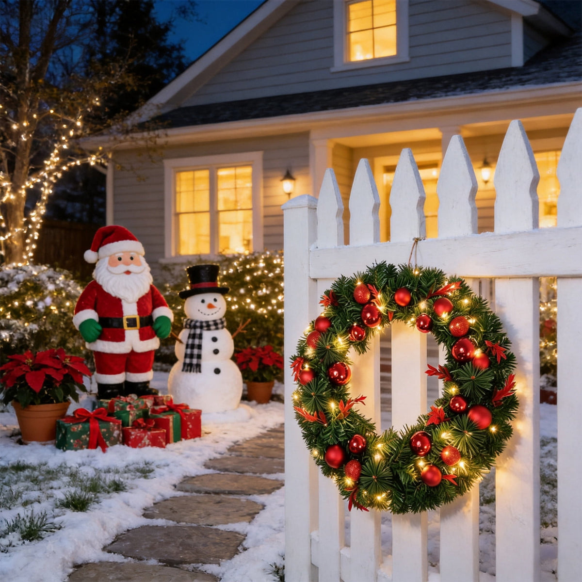 AGCAN 20 Inch Artificial Christmas Wreath, Pre-Lit Christmas Wreath with 50 LED Lights & Red Balls, Christmas Decoration for Front Door, Xmas, Outdoor