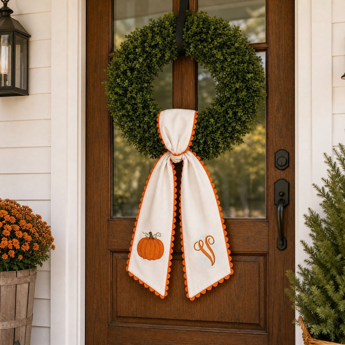 erdimoy Fall Pumpkin Monogram Wreath Sash, 50 Inch Embroidered Wreath Ribbon with Pom Pom Trim, Autumn Harvest Front Door Wreath Decor for Thanksgiving Halloween