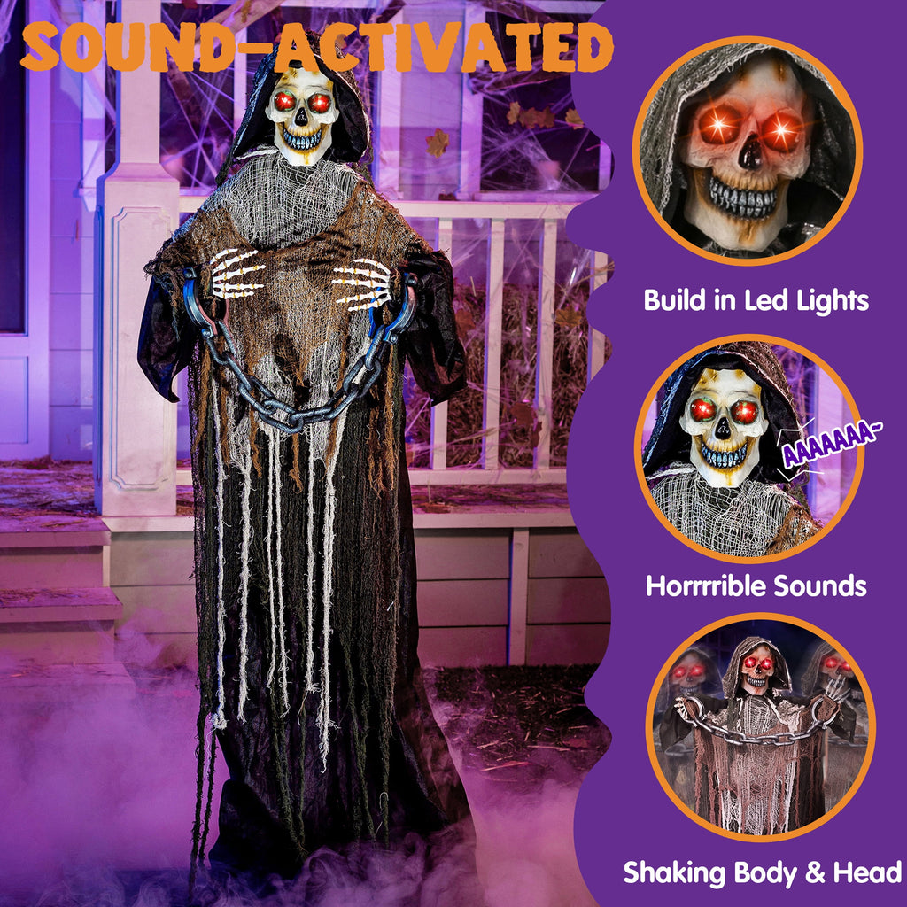 Joyfy Halloween Decorations Outdoor, 72"(6ft) Light Up Animated Scary Decorations Pumpkin Ghost with Sound Activation,Animatronics Pumpkin Decorations for Haunted House Prop Yard Decor
