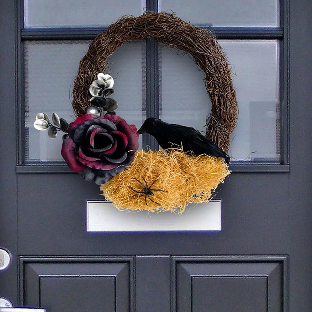 Halloween Wreath, 10 Inch Halloween Garland with Crow Vines, Artificial Dead Branch Wreath with LED Light, Halloween Home Party Decor Sturdy Build, for Porch Window Wall Decor