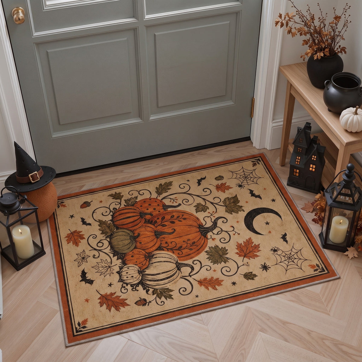 GENIMO 5'x7' Halloween Area Rug for Living Room, Washable Non Slip Soft Vintage Pumpkin Indoor Rug for Bedroom Dining Room Home Office, Antique Moss