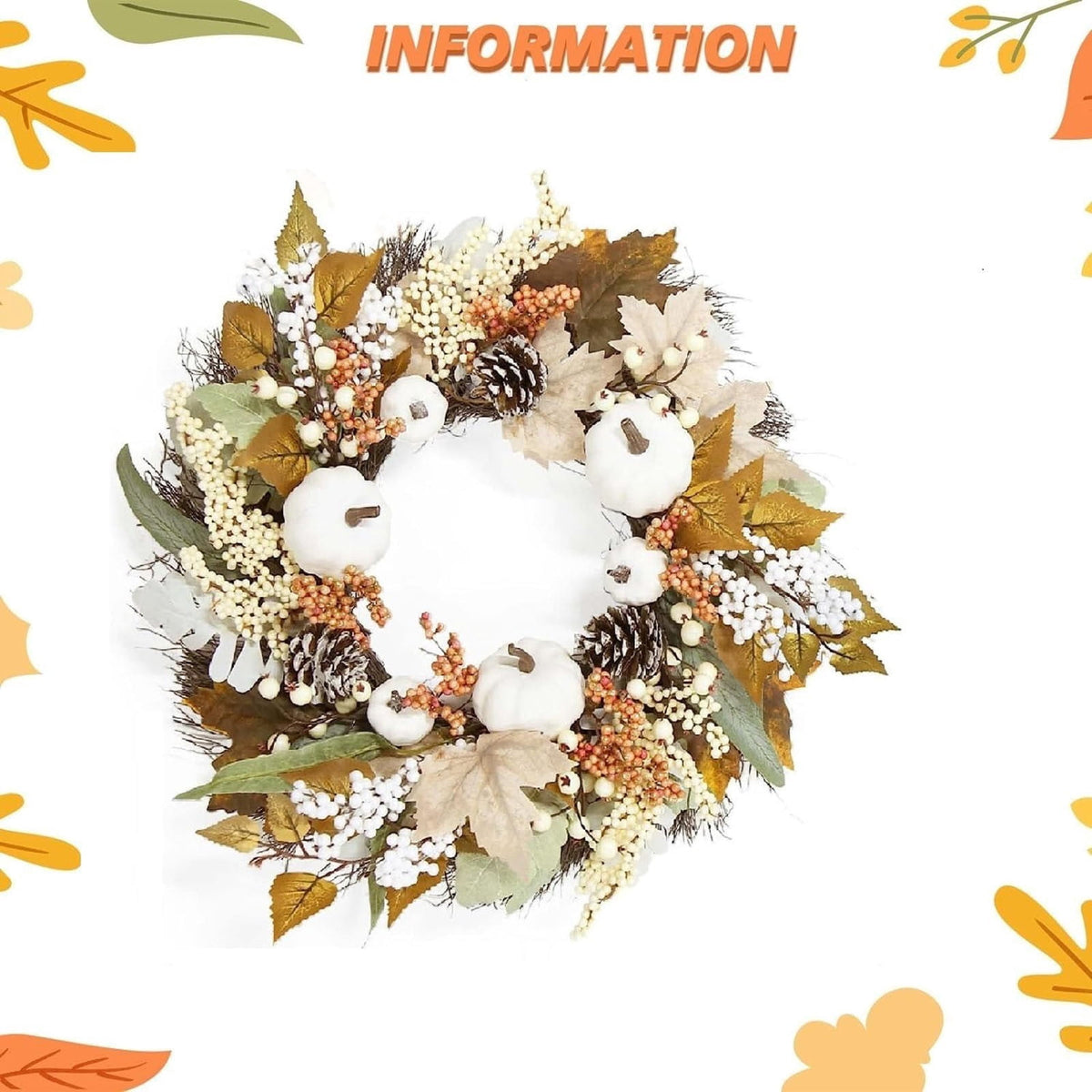 Autumn Wreath 14 Inch Fall Decor for Home Front Door with Artificial Maple Leaf Pumpkin Berry Pinecone Harvest Thanksgiving Halloween Farmhouse Seasonal Decorations Indoor Outdoor,