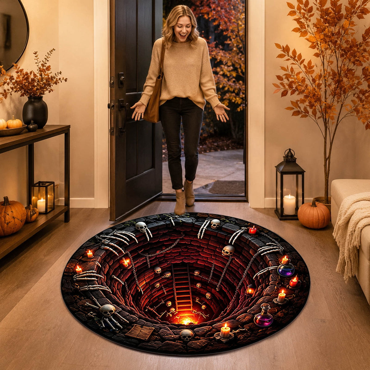 Win s Way 3D Illusion Round Halloween Rug Optical Illusion Doormat Non- Washable Entryway Decor Spooky Fall Front Door Mat for Party Decoration Available in 15.8/23.6/31.5 Inch