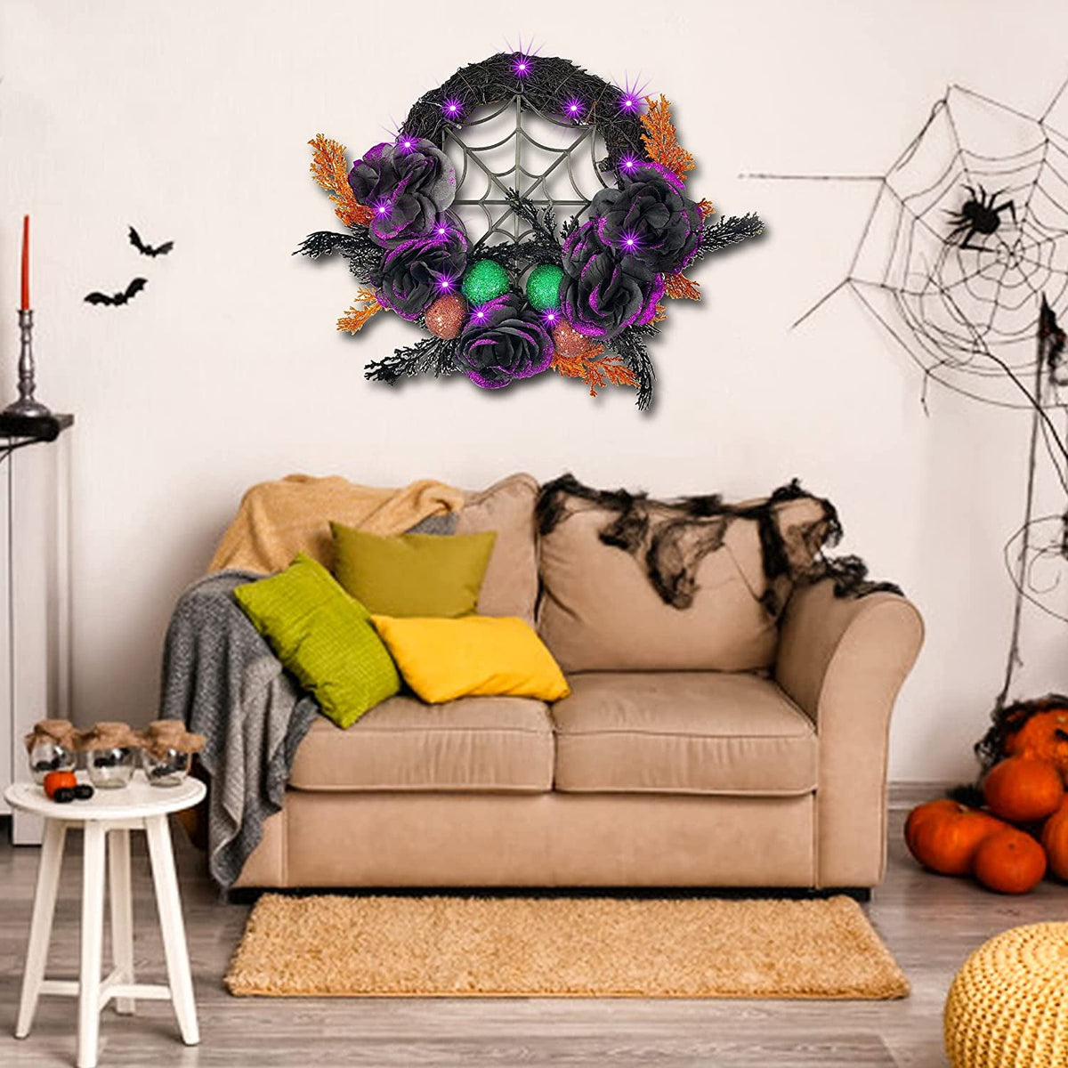 Prociv 20 LED Halloween Wreaths for Front Door, Pre-Lit Artificial Purple Halloween Lights Wreath for Home Door Wall Decorations 17.7"