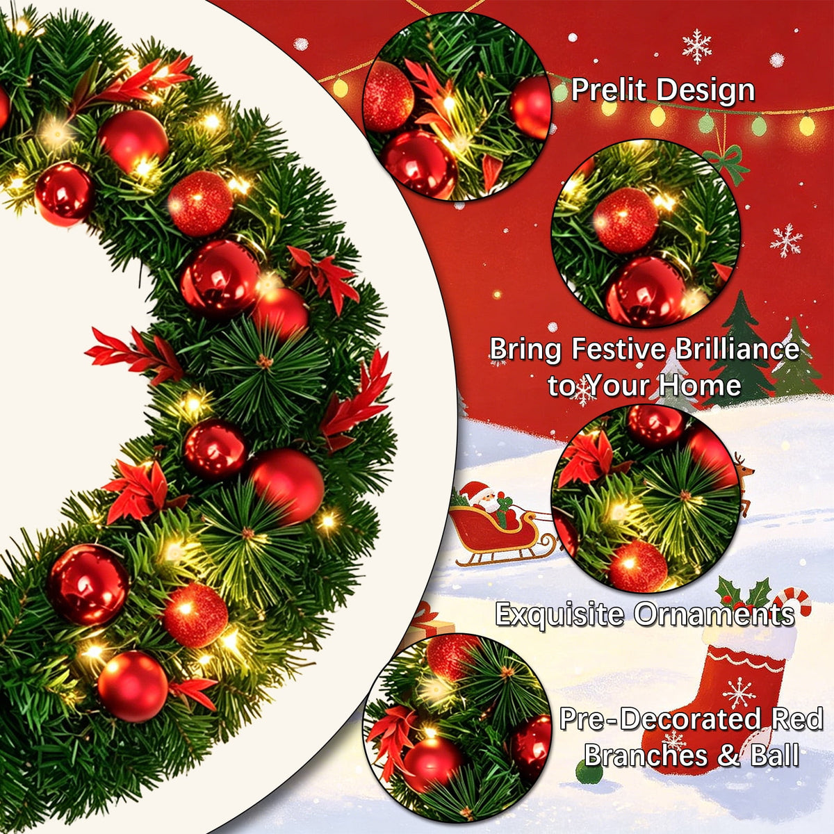 AGCAN 20 Inch Artificial Christmas Wreath, Pre-Lit Christmas Wreath with 50 LED Lights & Red Balls, Christmas Decoration for Front Door, Xmas, Outdoor