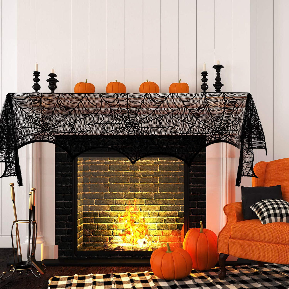 Round Lace Table Topper Black Spider Tablecloth and Fireplace Spider Decorations Lace Spiderweb Mantle Scarf Cover for Halloween Window, Dinner Party, Festival Party, Scary Movie Nights